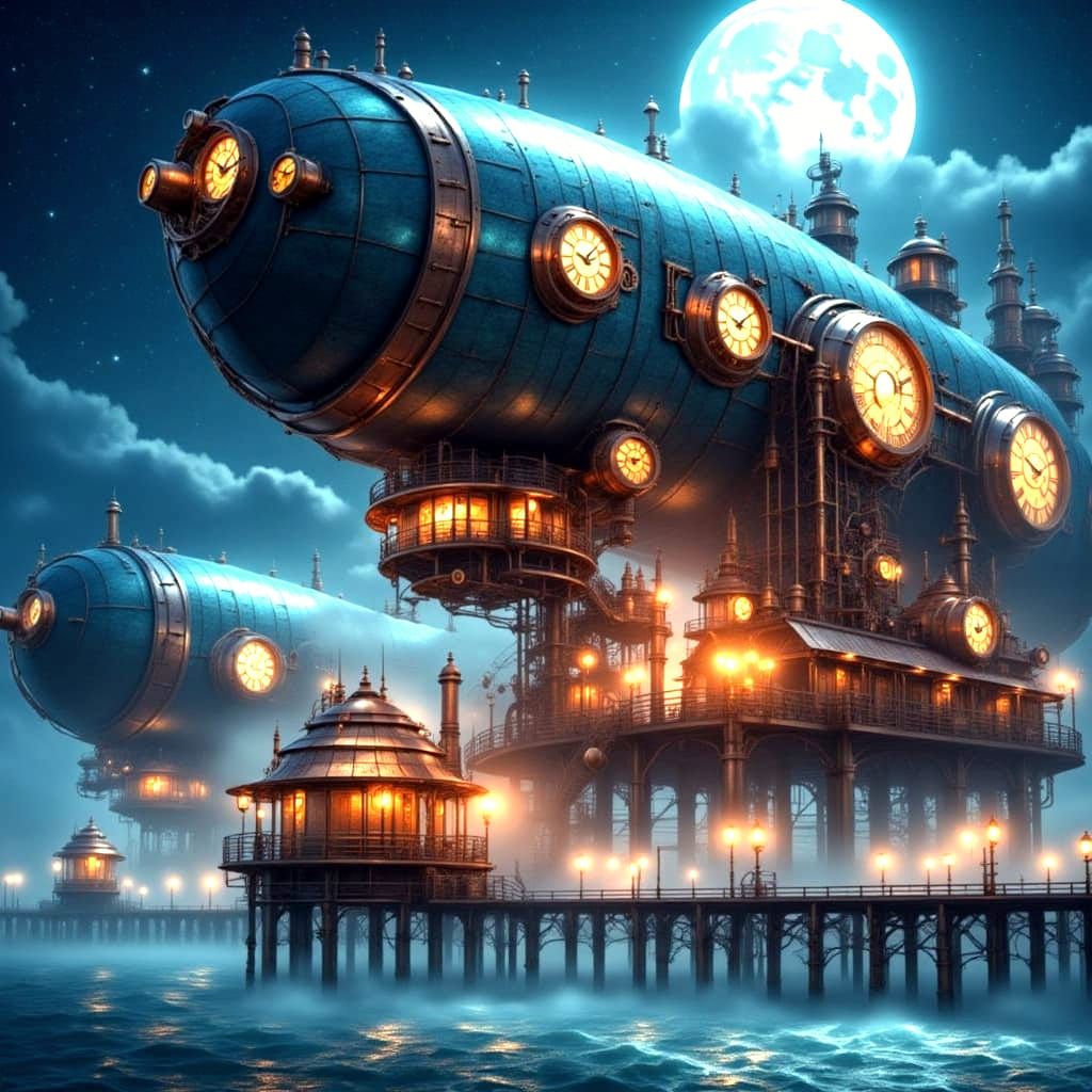 Steampunk Airship Harbor Under Full Moon