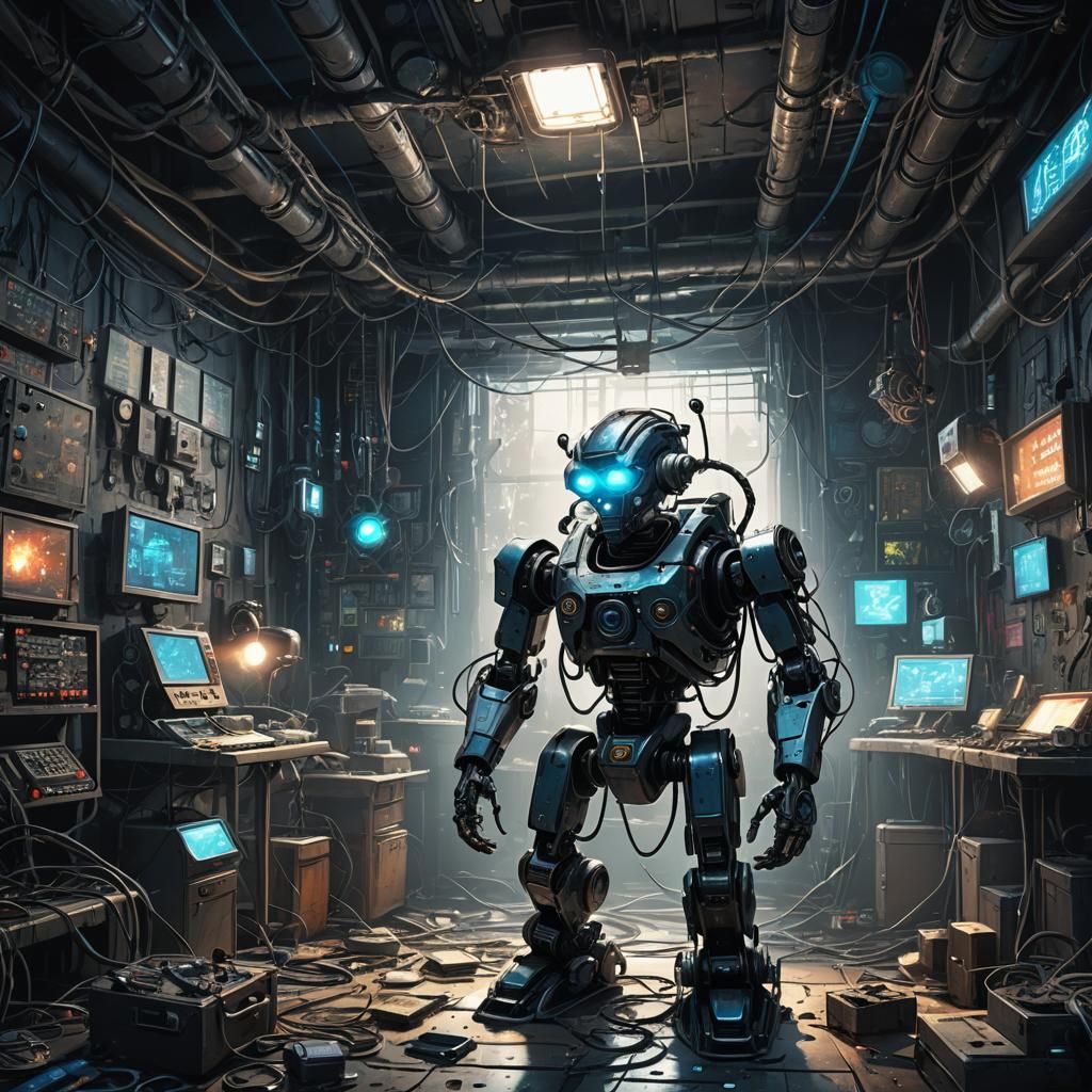 Atom Robot in Cyberpunk Lab: Digital Art
