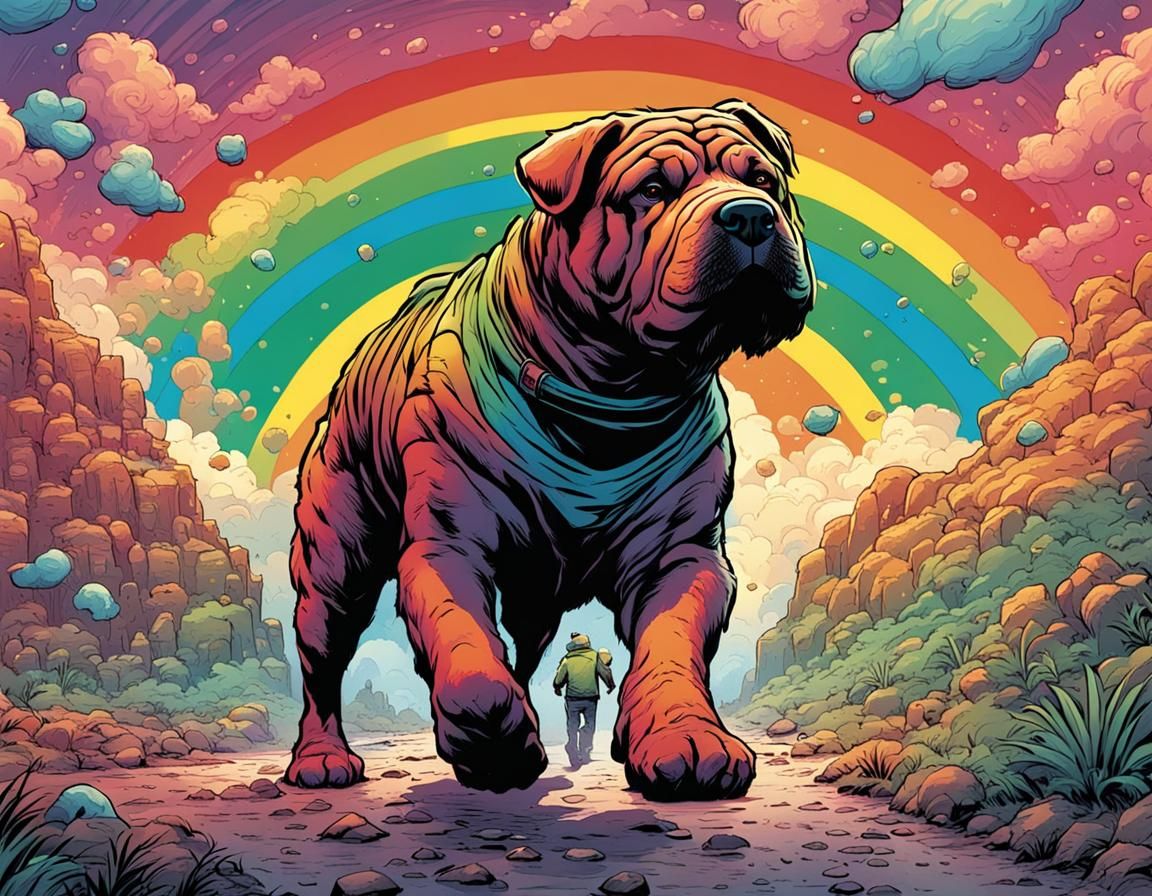 A rainbow coated gay man walking a sharpei