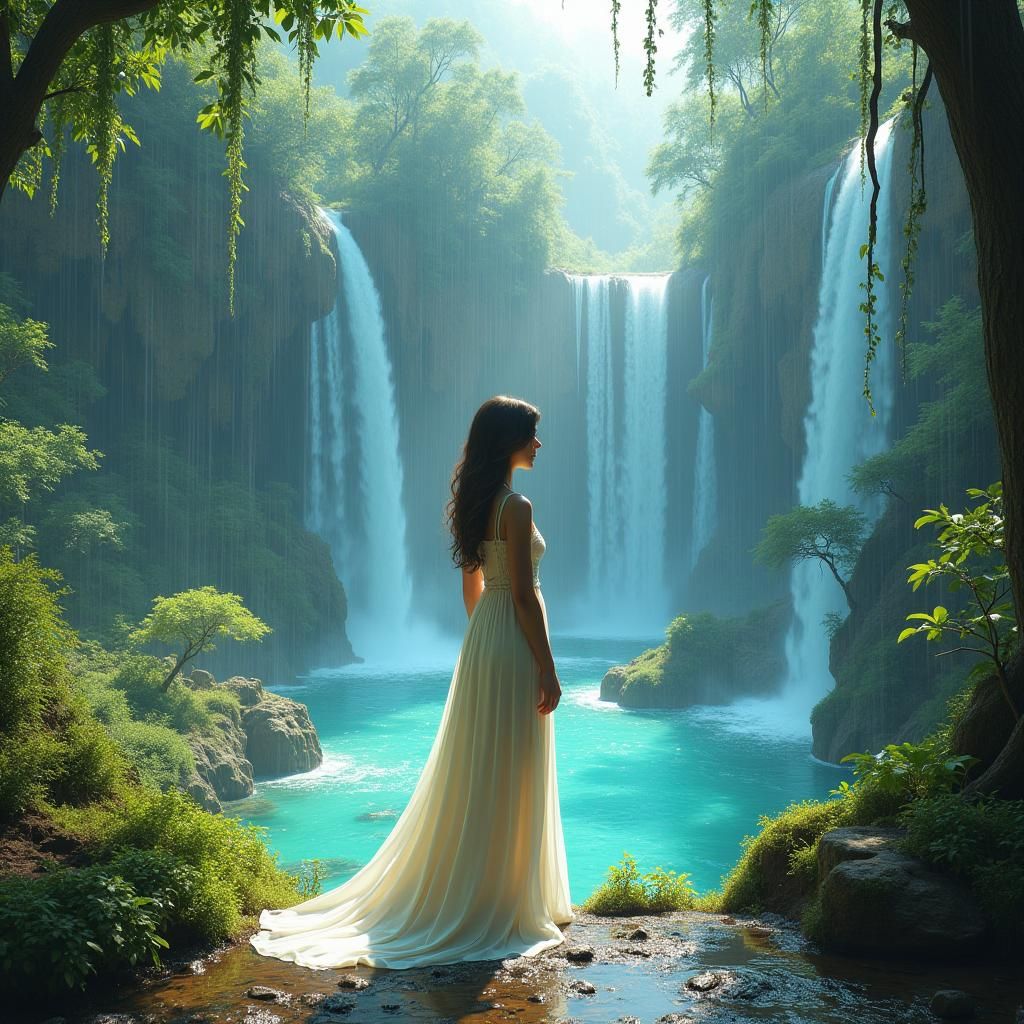 Fantasy Garden with Waterfalls in Matte Painting Style