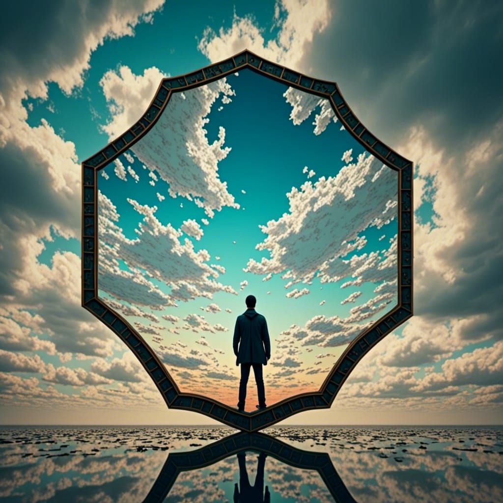 Cracked Mirror Reflecting a Cloudy Sky