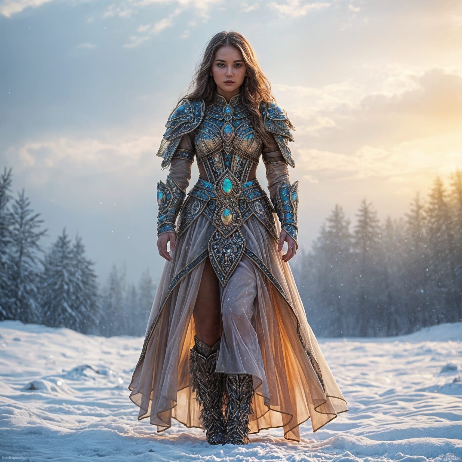 Woman in Intricate Opal Armor Dress Amidst Snow