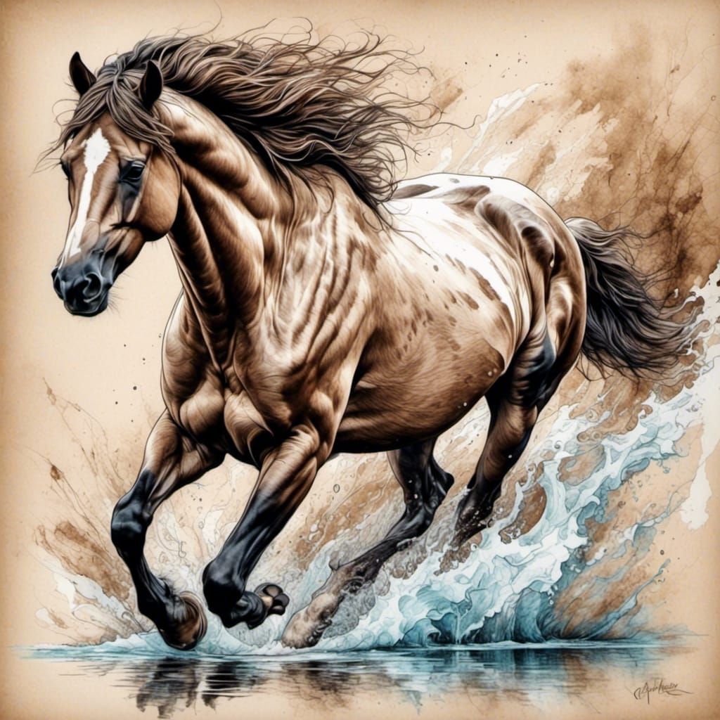 Wild Horse Sketch on Parchment in Brown Hues