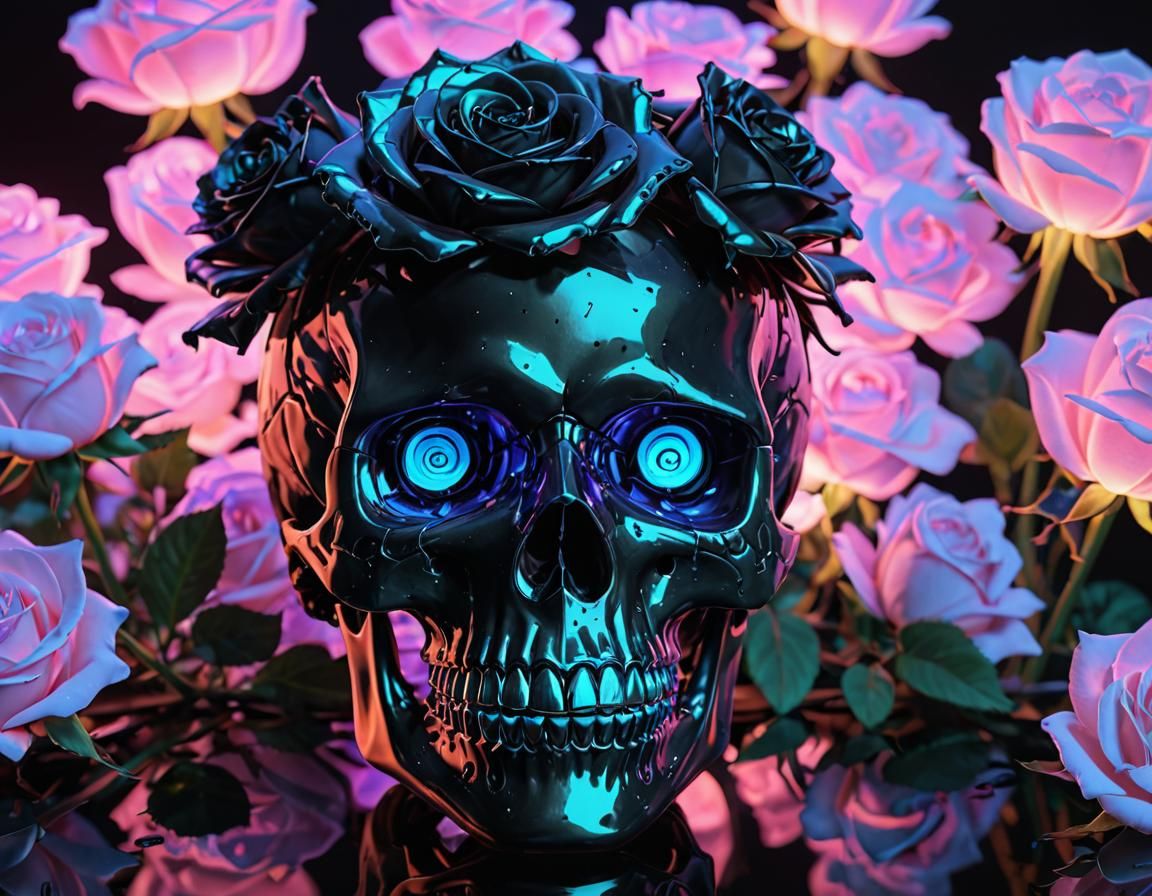 Holographic Skull with Neon Roses in Anime Style
