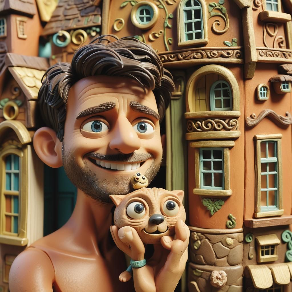 Claymation Man Holding Ornate Miniature House