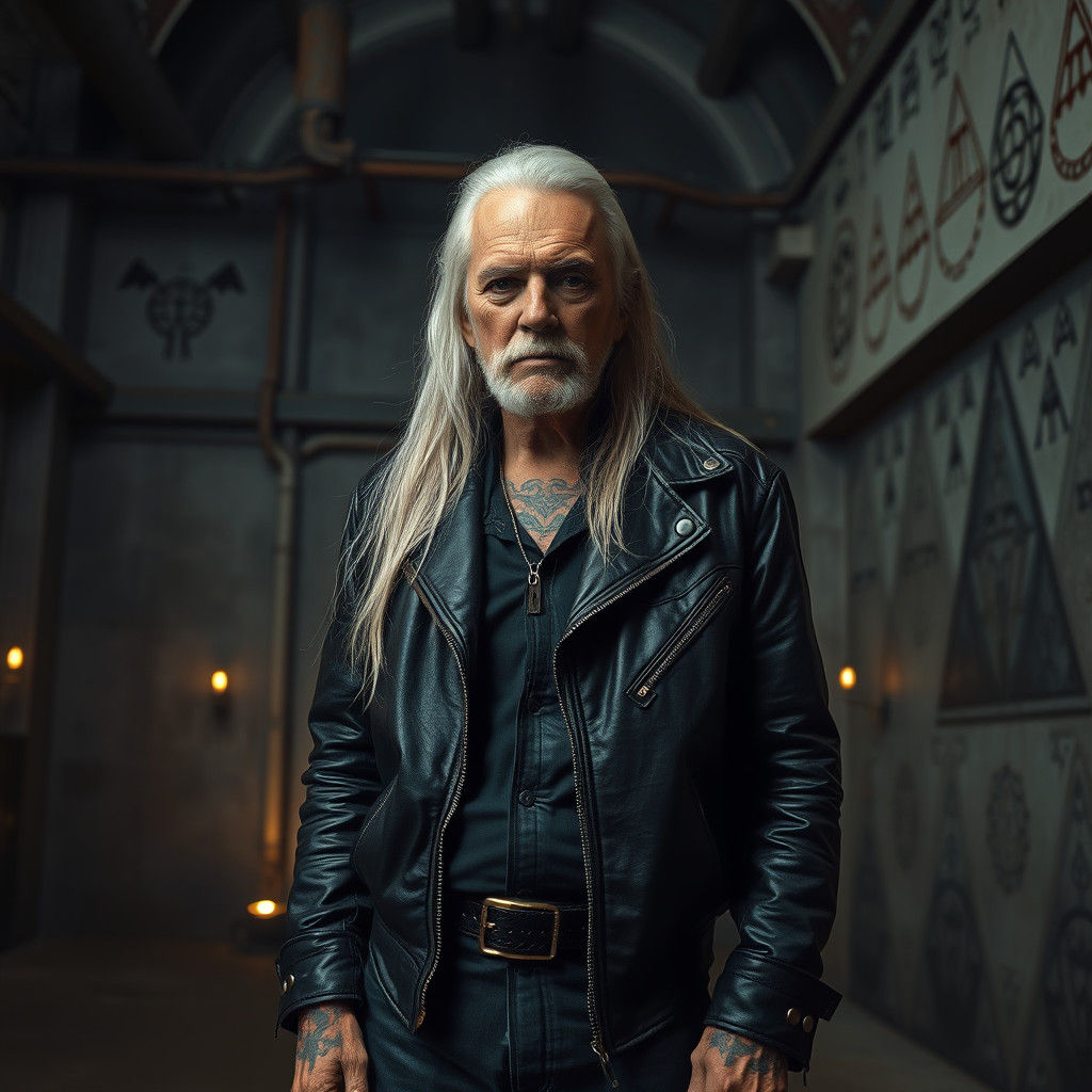 Elderly Tattooed Man in Industrial Crematorium