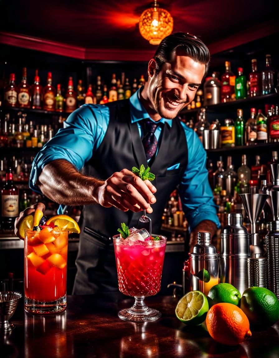 Hyperrealistic Bartender Mixing Elaborate Cocktail