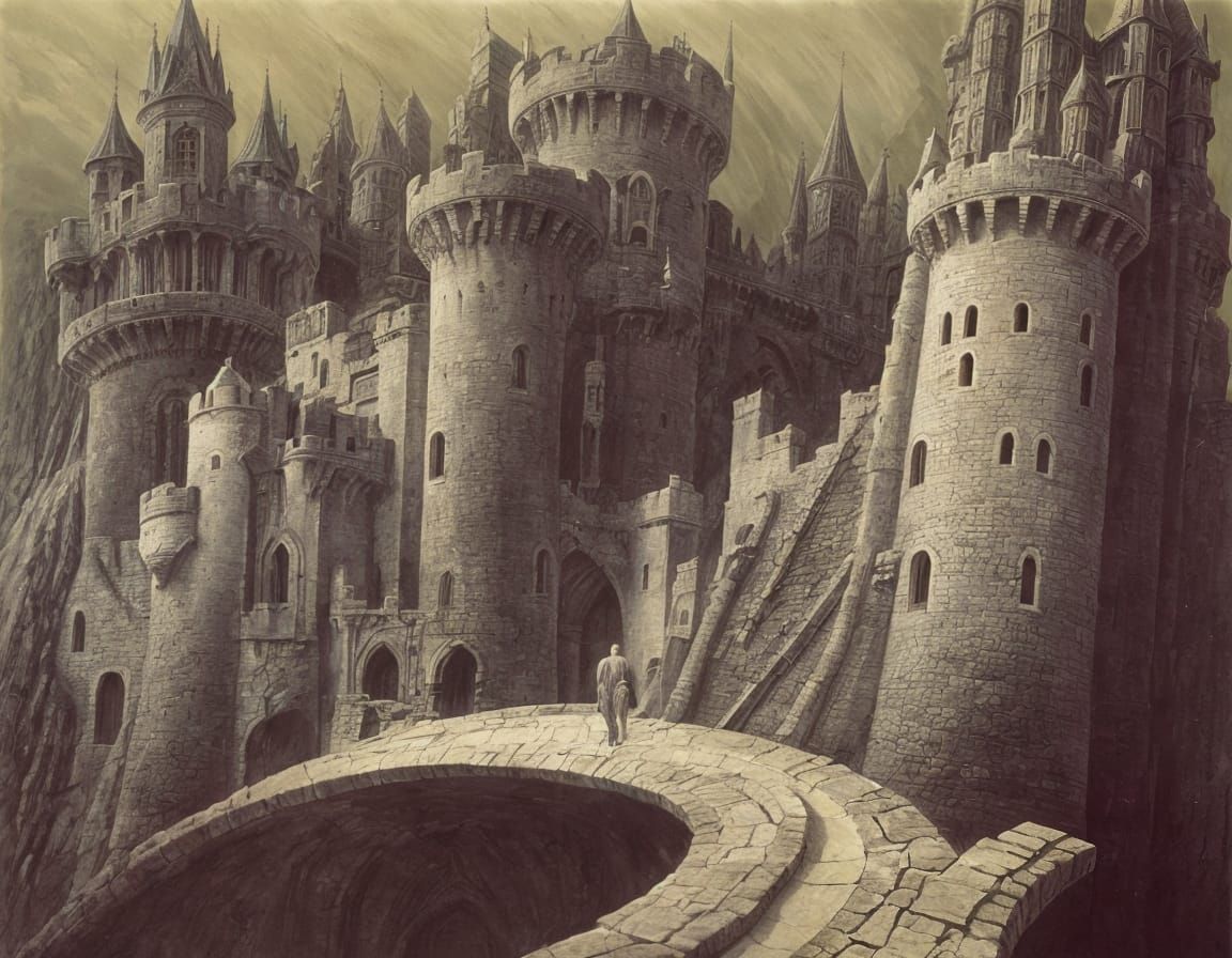 Twisted Castle Landscape in a Dark Surrealist Style
