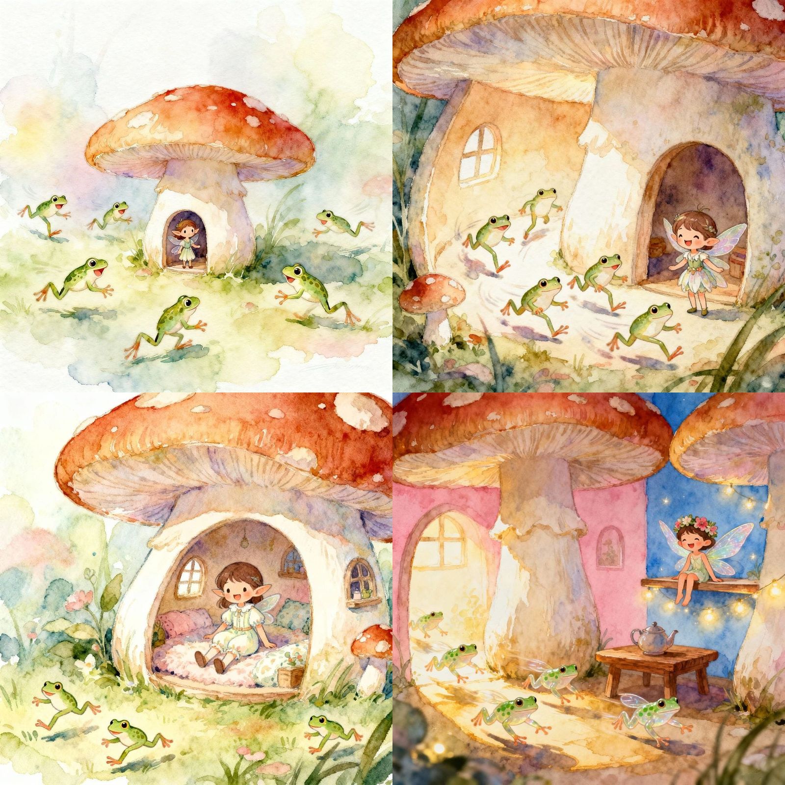 Fae Person with Tiny Frogs in Mushroom Home