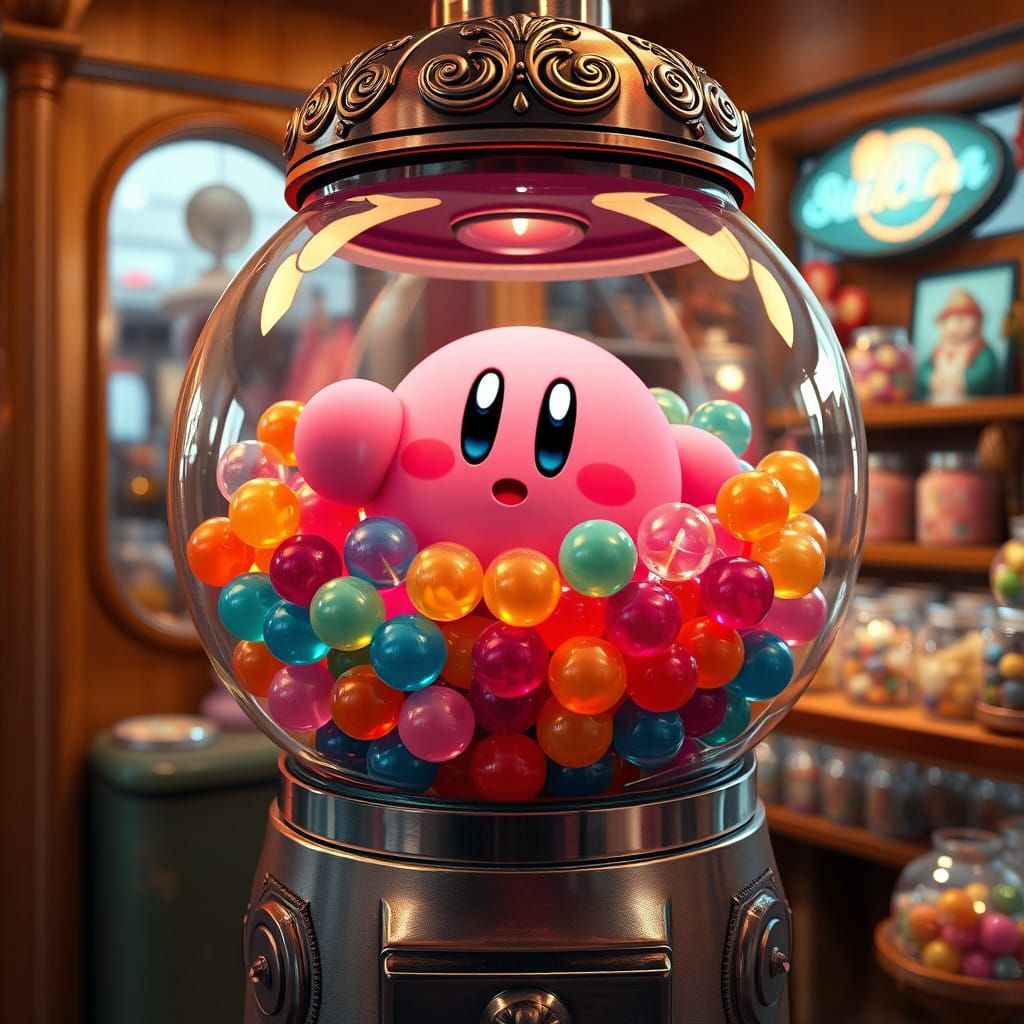 Kirby in a Retro Gumball Machine at a Quaint Store