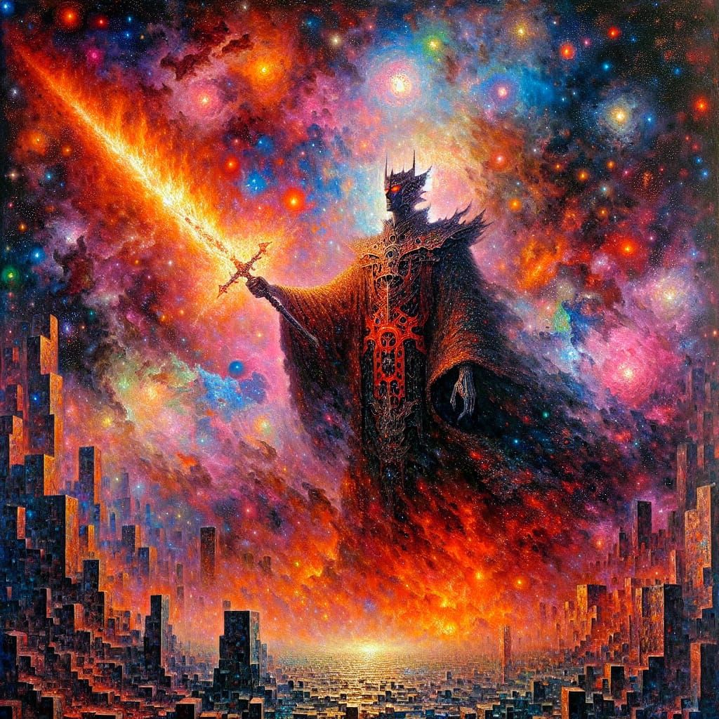 Cosmic Warrior in Ruins, in Brutalist Oil Painting Style