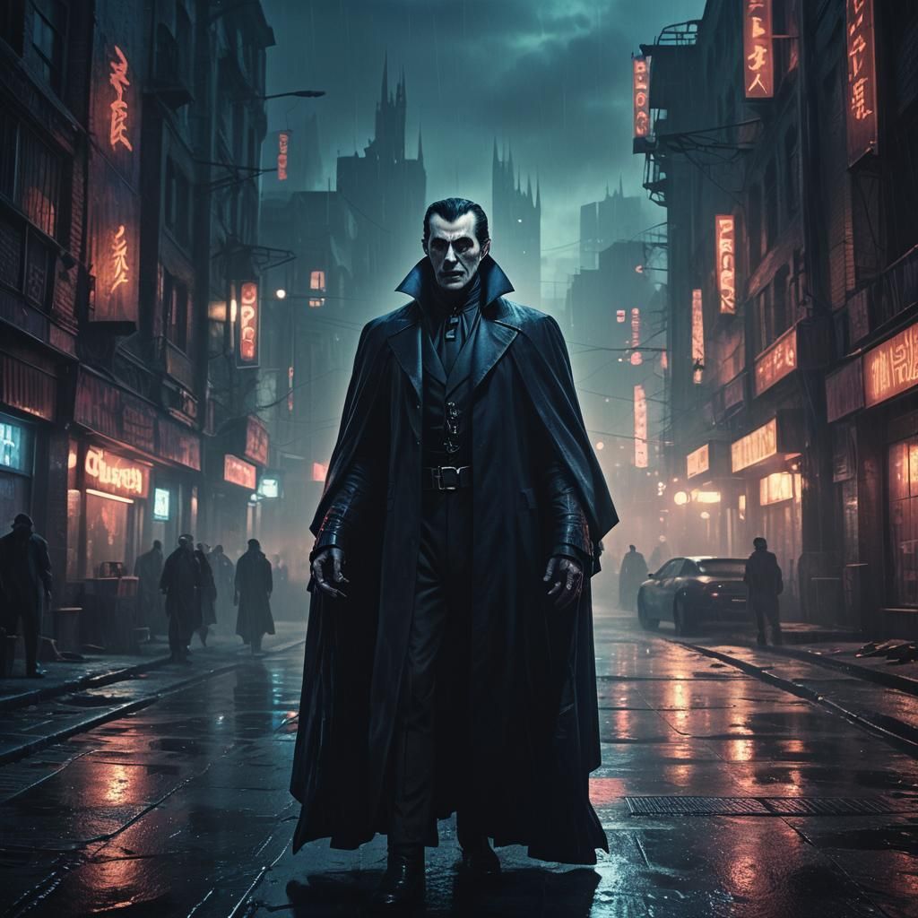 Cyberpunk Dracula in Dystopian Metropolis