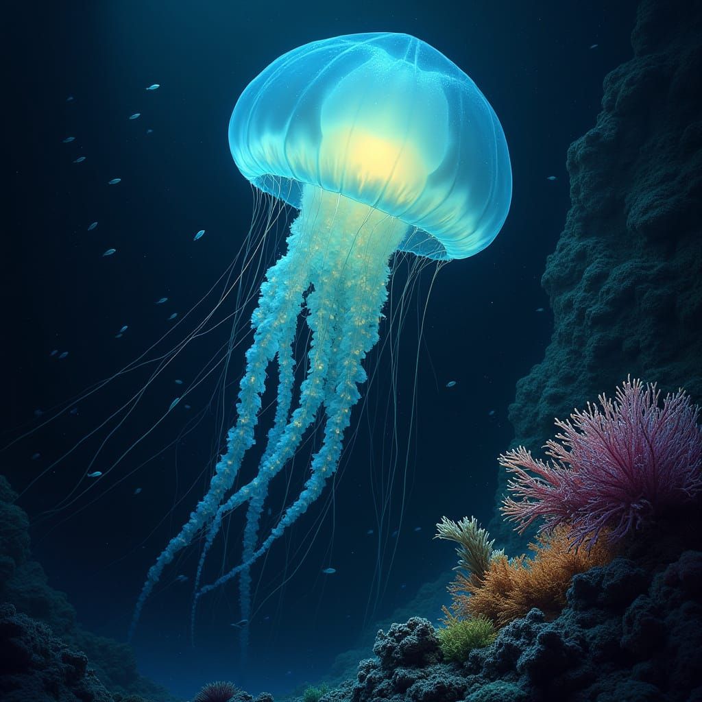 Bioluminescent Jellyfish in Deep-Sea Trench, Surrealist Styl...