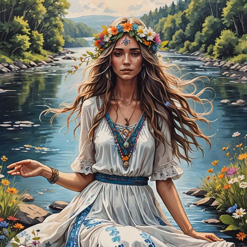 Beautiful Trippy Hippie Woman Sketch with Flowers