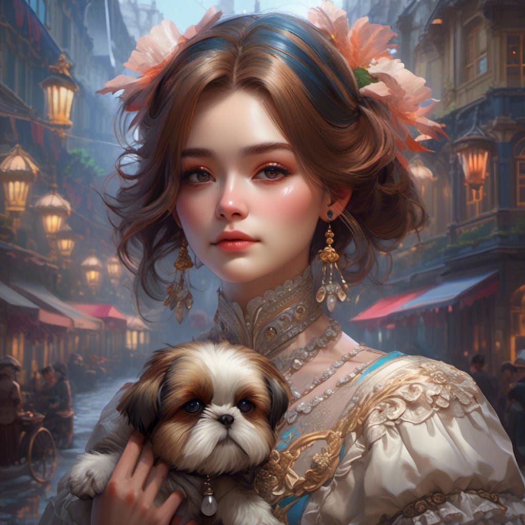 Victorian Lady with Shih Tzu, Detailed Portrait