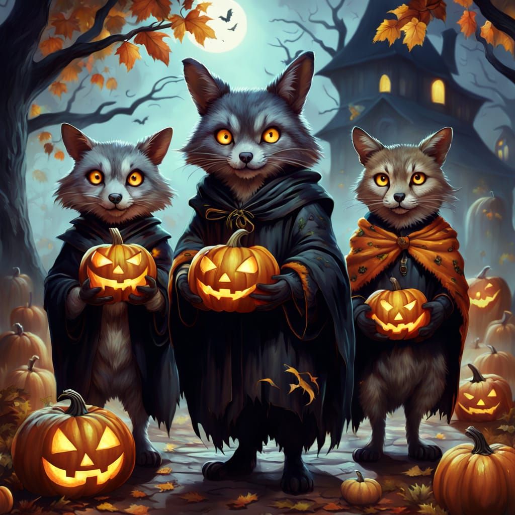 Animals in Halloween Costumes Holding Glowing Pumpkins