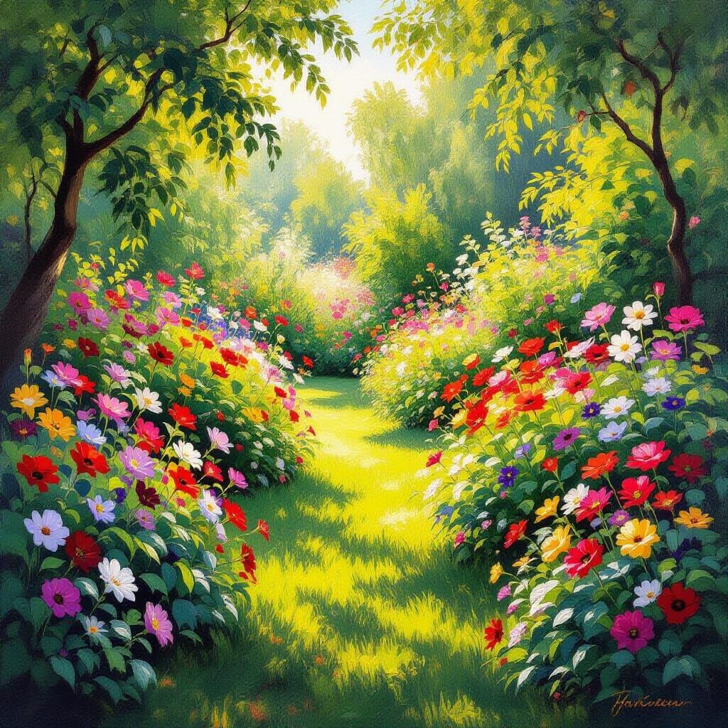 Vibrant Impressionist Garden in Dappled Sunlight