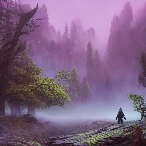 Misty Forest Figure in Golden Moonlight: Fantasy Art