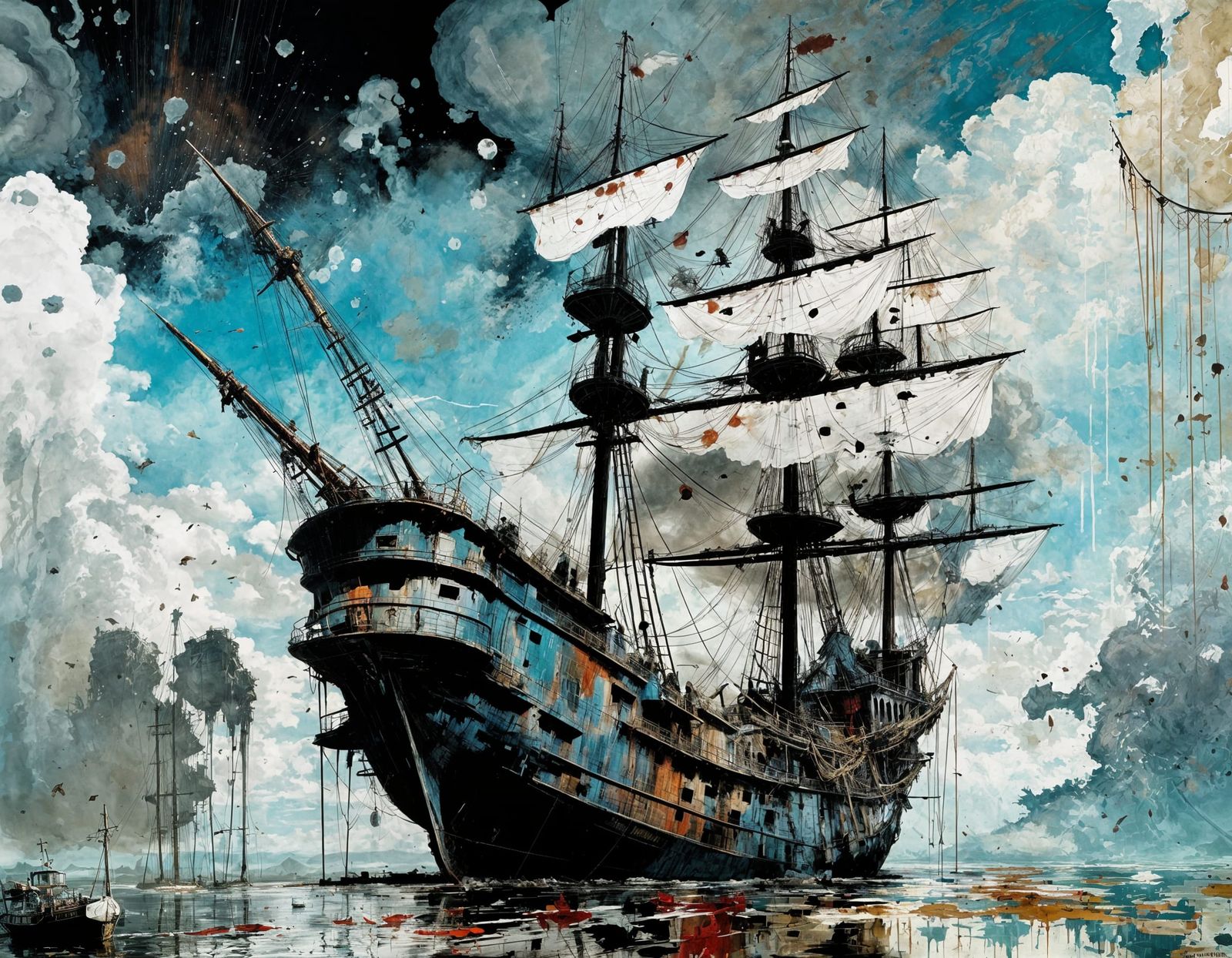 Terrifying Cloud Galleon in Horror Art Style