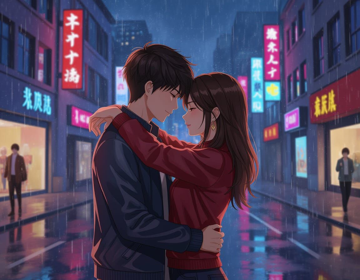 Loving Couple Embracing on Rainy City Night