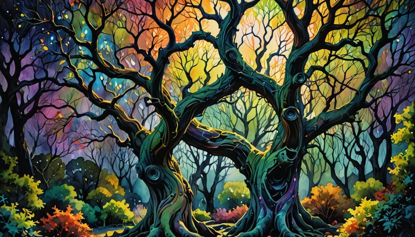 Eerie Tree in Iridescent Surrealist Landscape