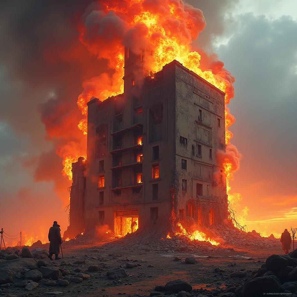 Burning Building in Dynamic Splash Art Style