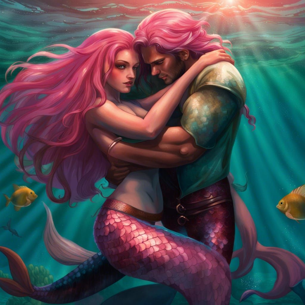 Merman Romantically Embraces Human Woman Underwater