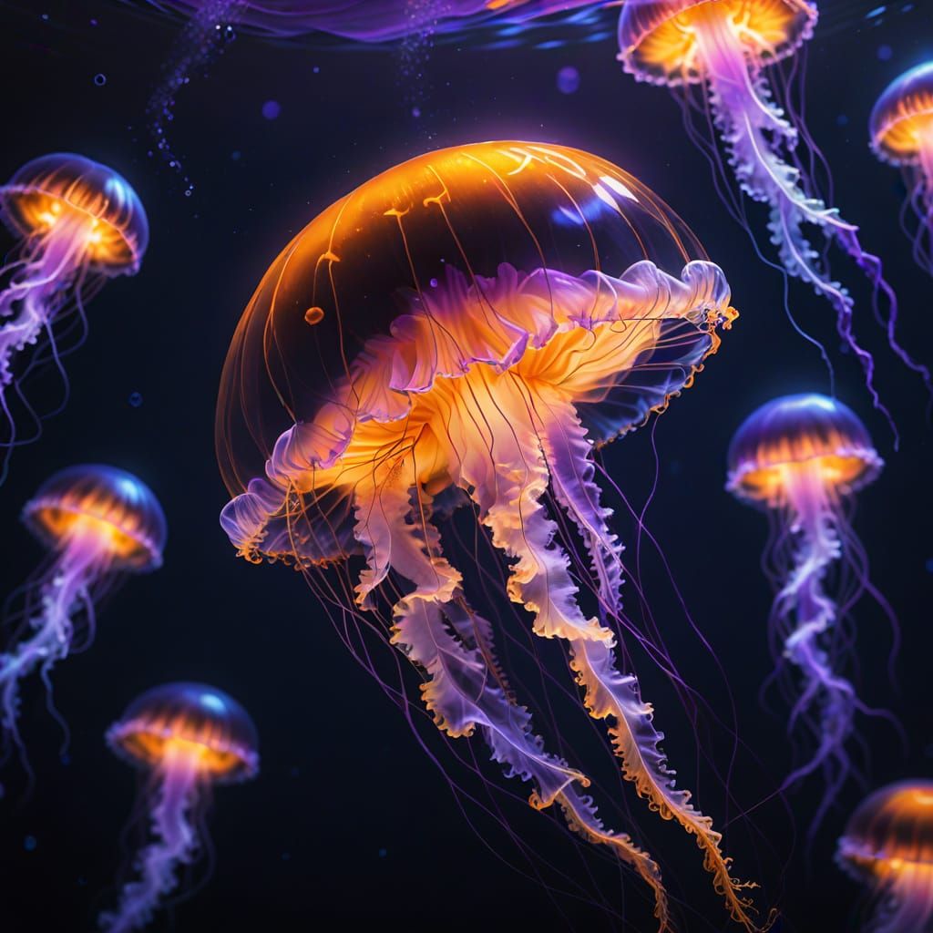 Majestic Orange Bioluminescent Jellyfish in a Dark Purple Ab...