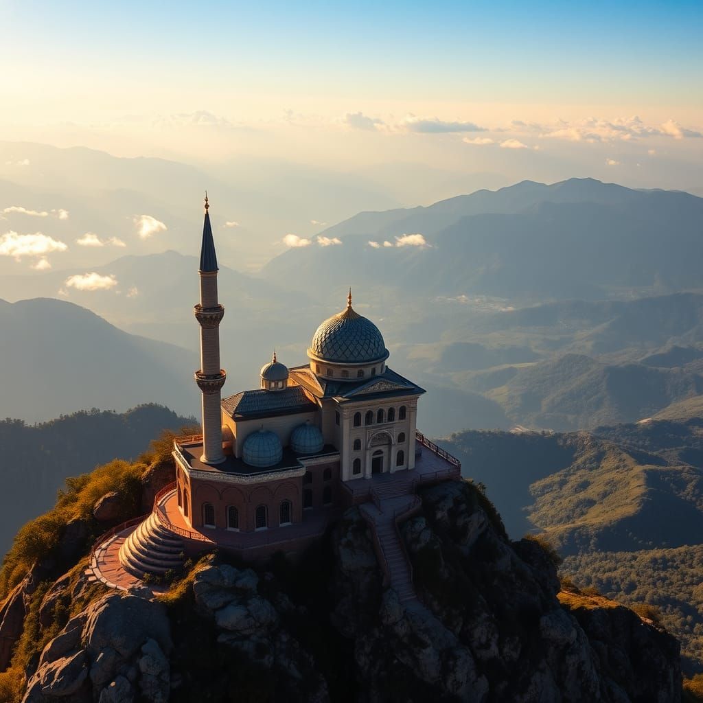 Majestic Mosque on Mountain Peak in Golden Sunlight