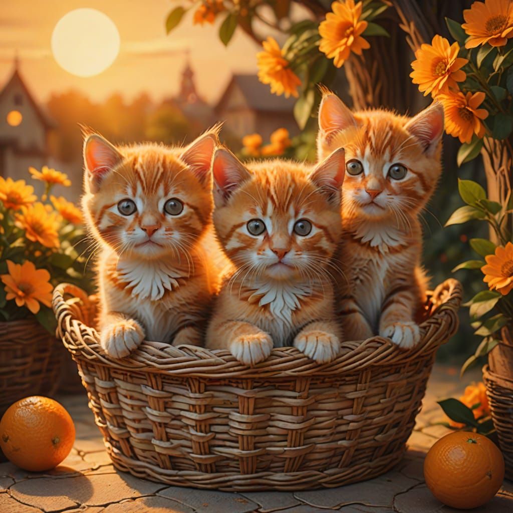 Three Orange Kittens in a Basket, Ethereal Impressionistic S...