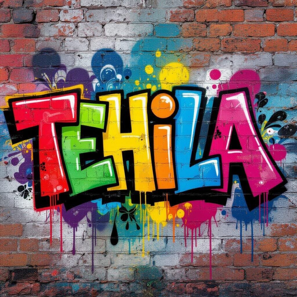 Playful Graffiti Art Spelling TEHILA on Brick Wall