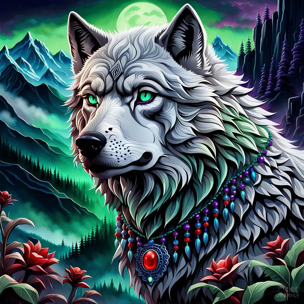 Dire Wolf and Pups in Art Deco Fantasy Style