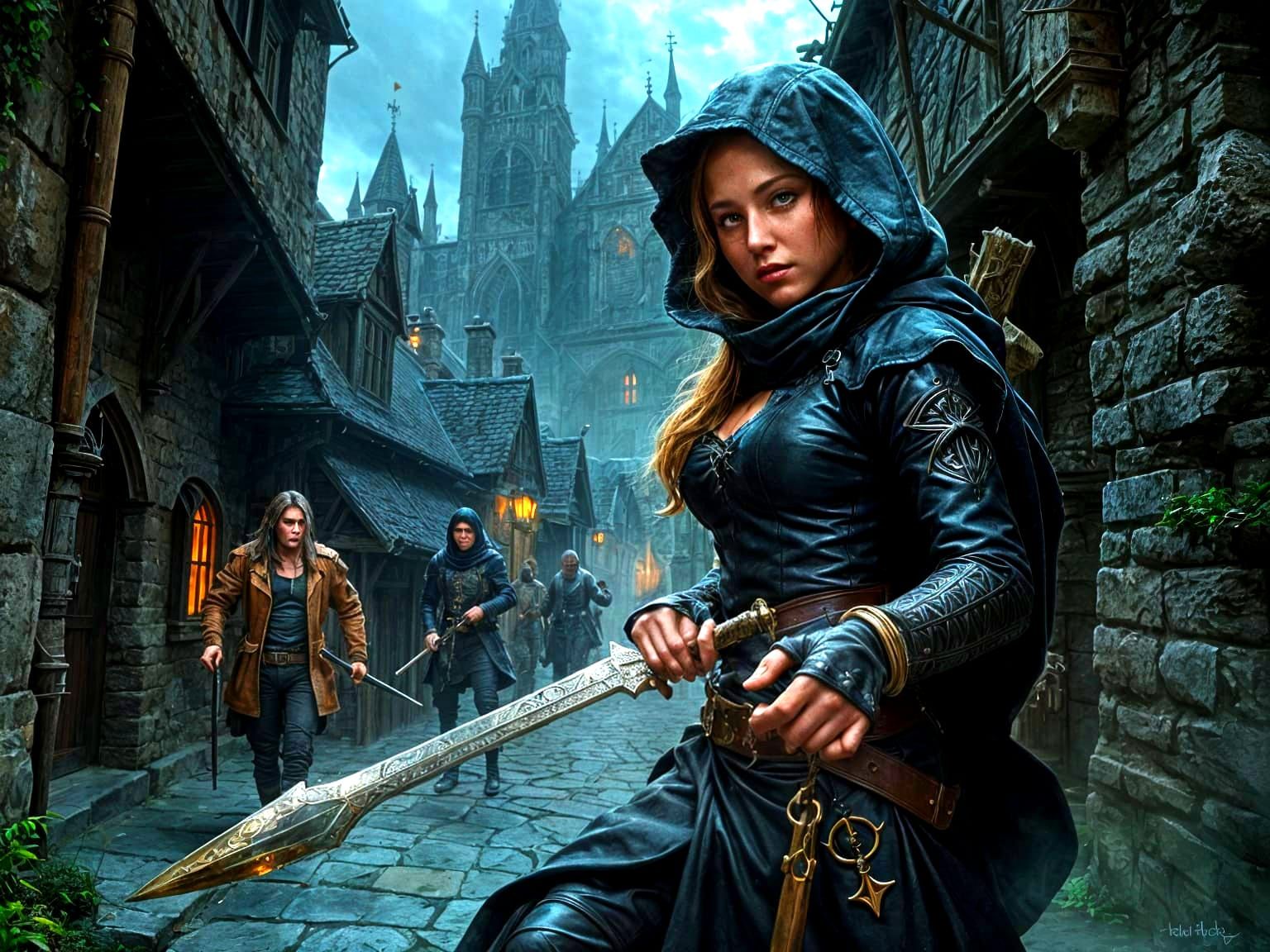 Beautiful Female Thief Confronts Thugs in a Dark Medieval Al...