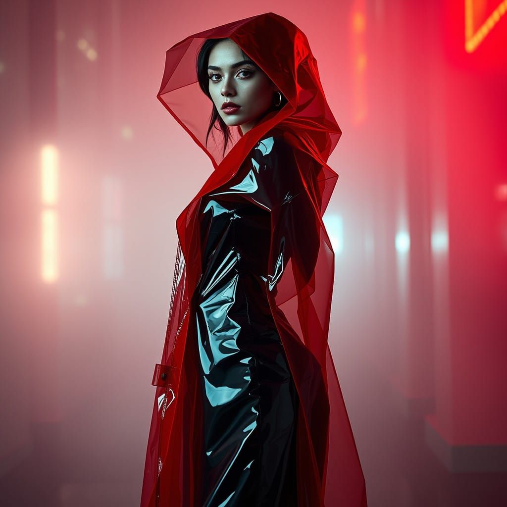 Futuristic Lady in Scarlet Raincoat and Vinyl Skirt, Hyperre...