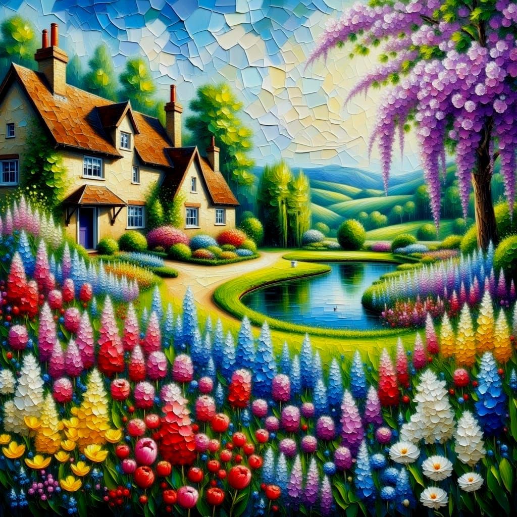 English Garden in Vibrant Oil Painting Style