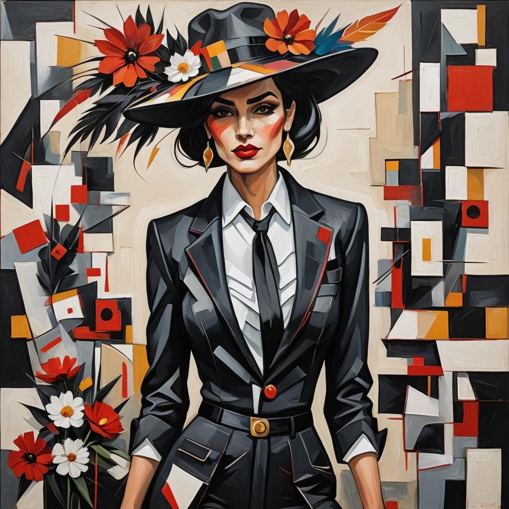 Cubist Woman in Black Suit With Red Eyes