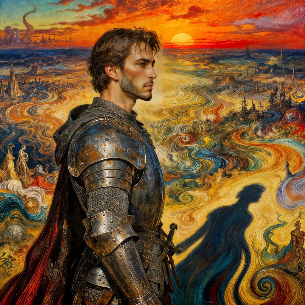 Ethereal Warrior in Impressionistic Surreal Landscape