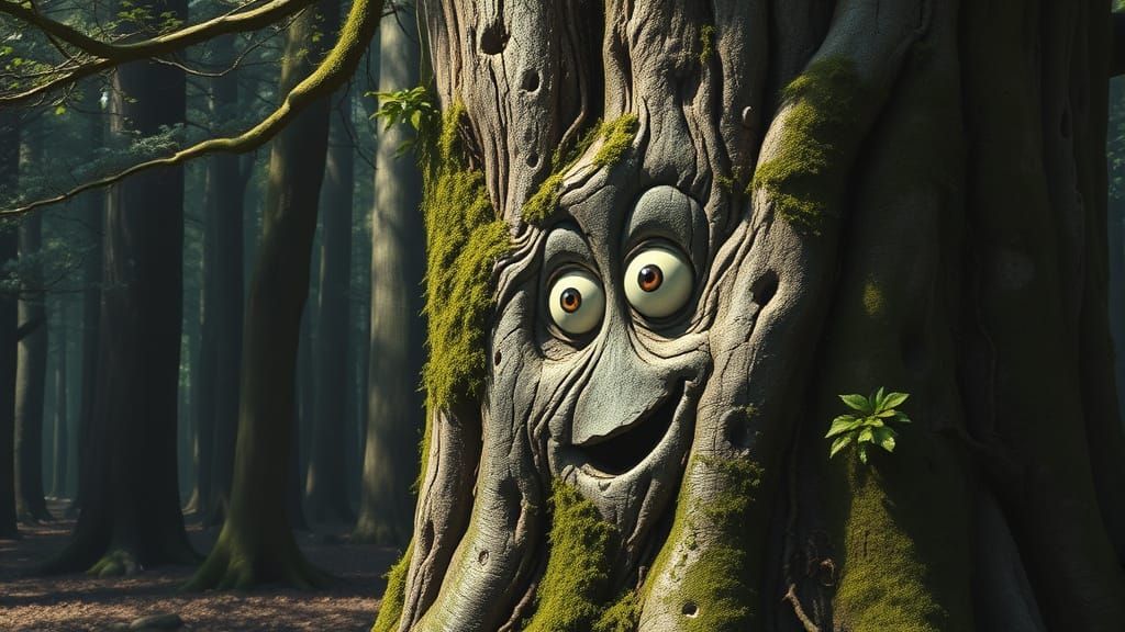 Moss-Covered Tree Trunk in Whimsical, Surprised Expression