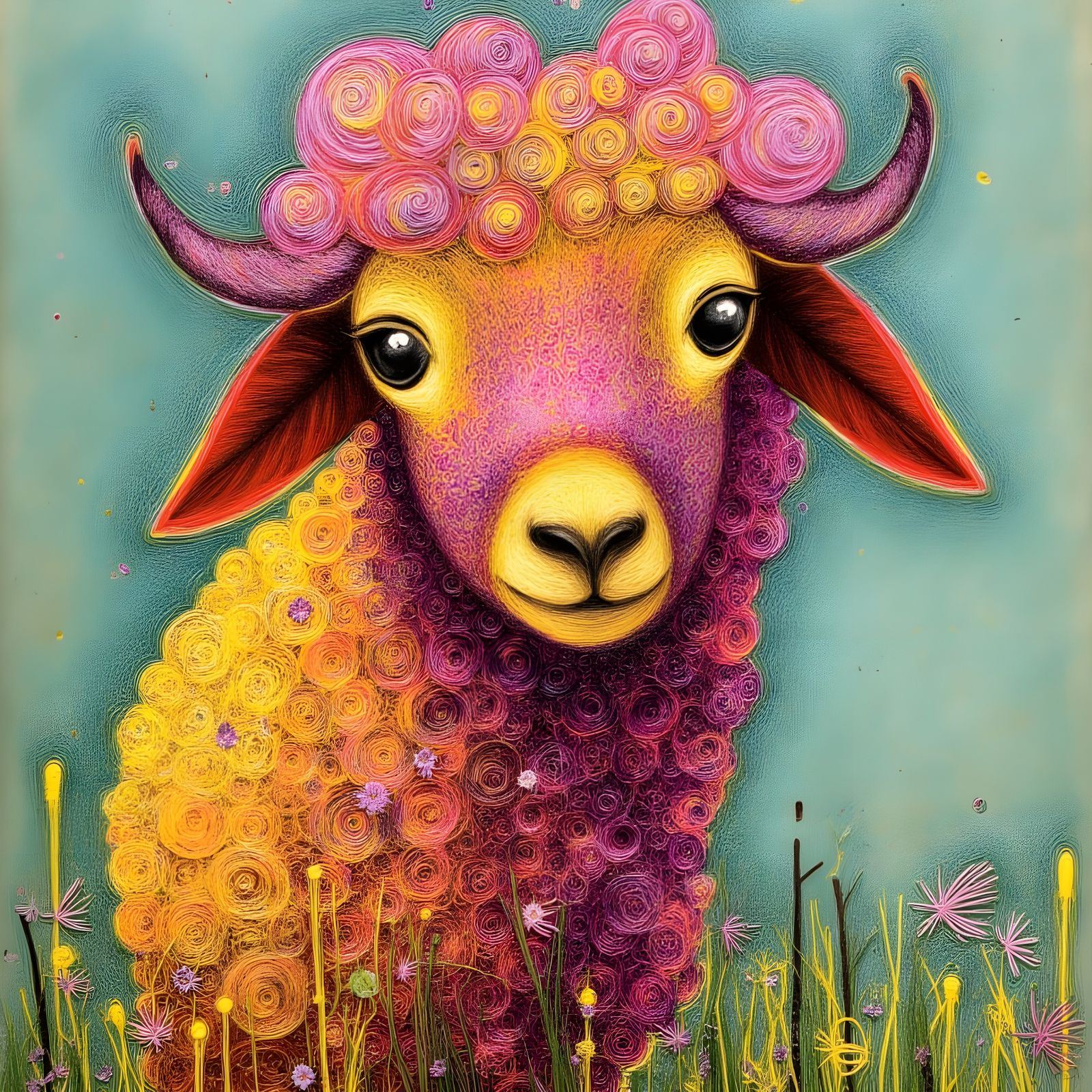 Sherbert the Sheep in Mixed Media Scratch Art Style