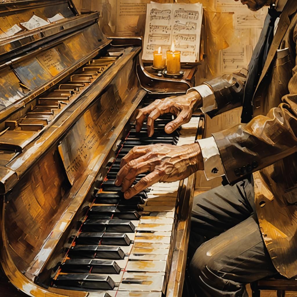 The pianist, a maestro with ink-stained fingers, weaves intricate melodies.....