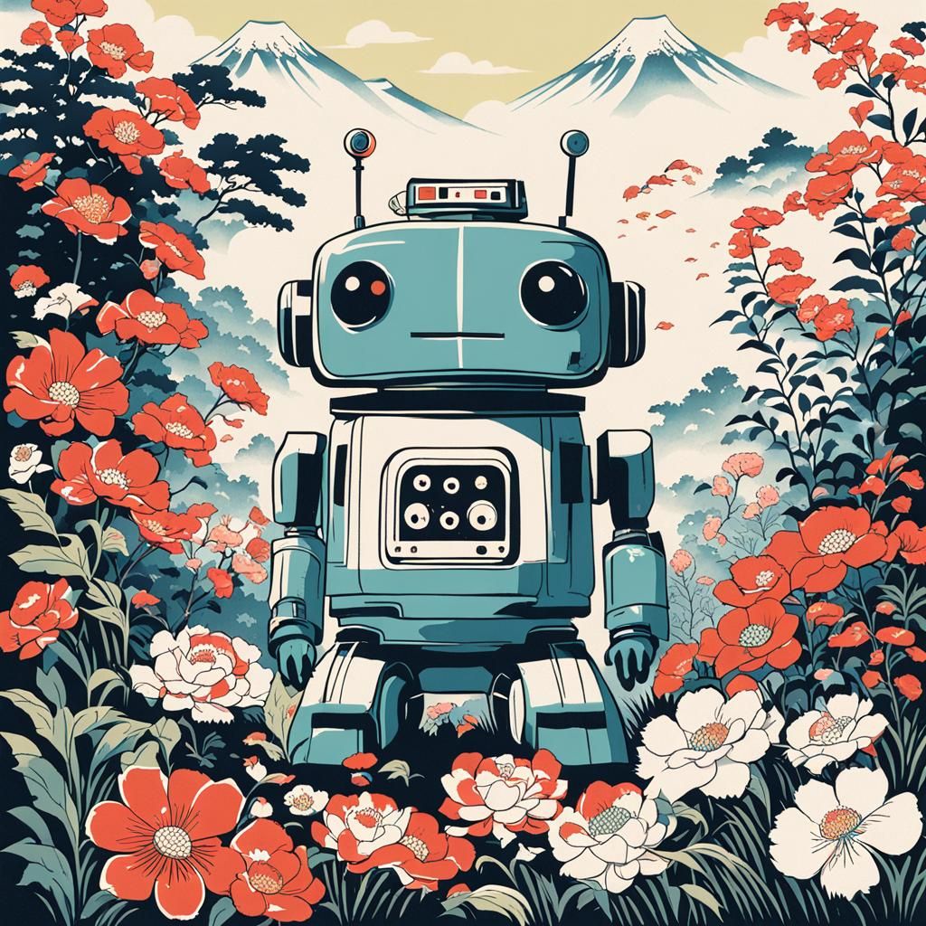Ukiyo-e Art: Cute Robots in Flower Garden