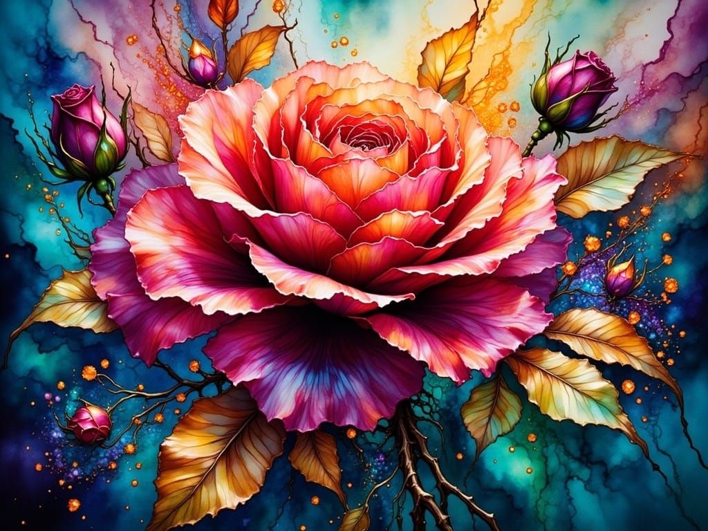 Vibrant Fantasy World with Ink Splatter Artwork