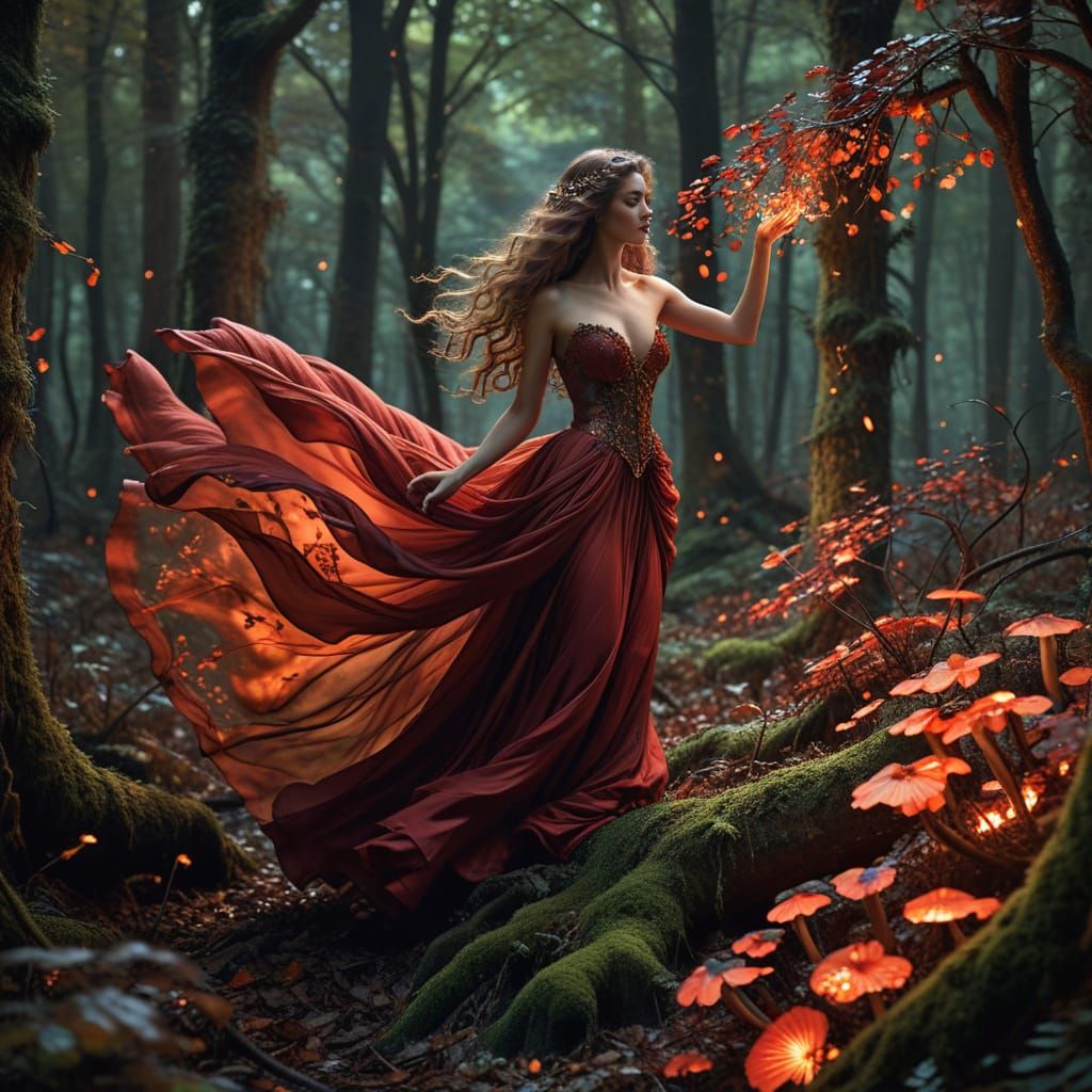 Woman in Bioluminescent Forest: Romantic Illustration