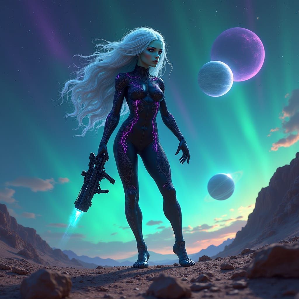Glowing Alien Warrior in a Futuristic Starlit Landscape