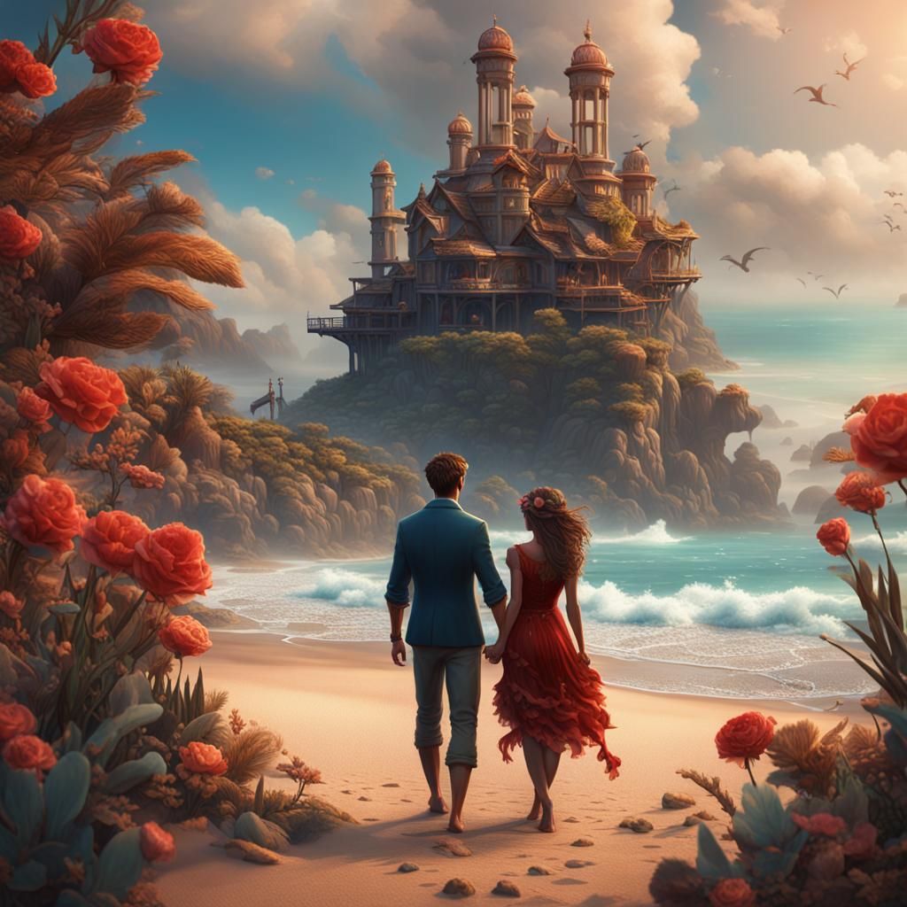 Romantic Beach Scene in Detailed Fantasy Art