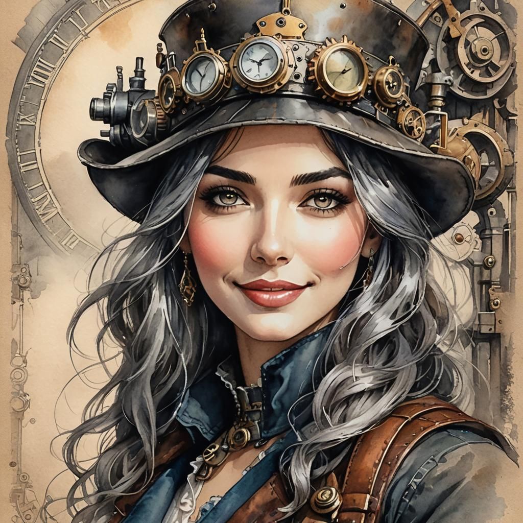 Charming Steampunk Girl Portrait in Watercolor
