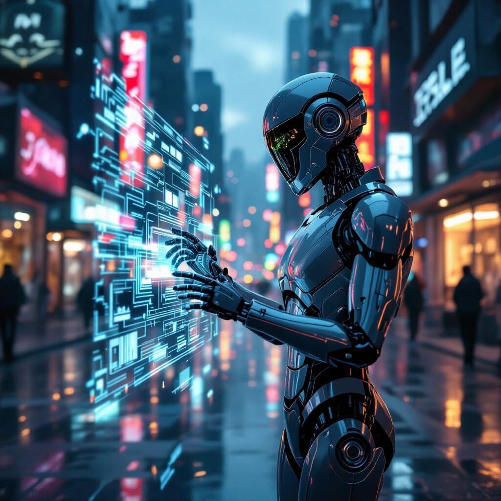 Cyberpunk Robot Interacting with Holographic Data