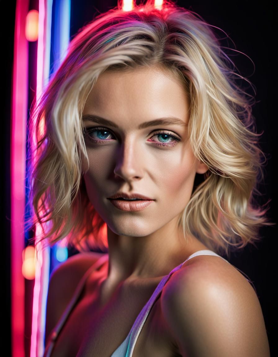 Fashion Portrait of Blonde Woman in Neon Lights