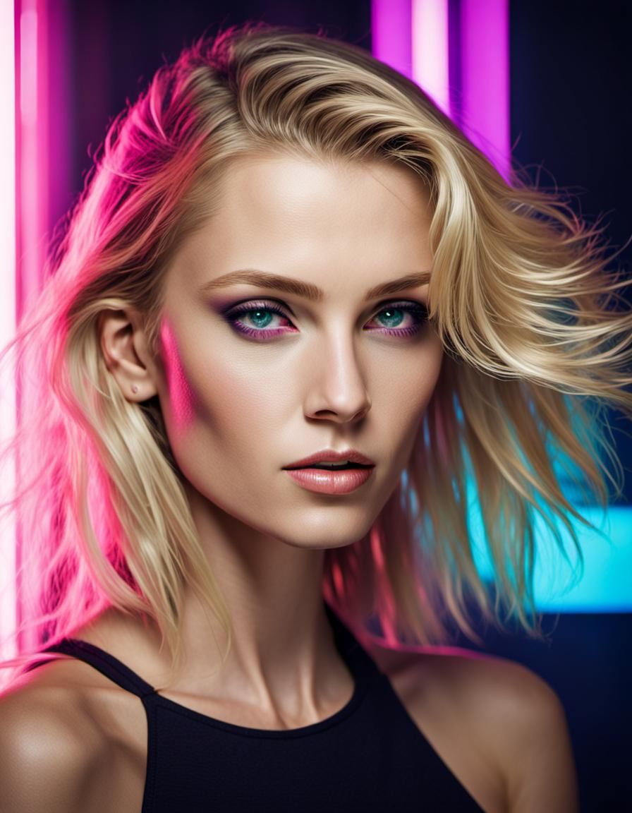 Fashion Portrait of Blonde Woman with Neon Lights