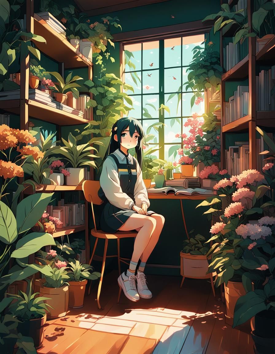 Girl in Floral Bedroom, Vibrant Anime Style